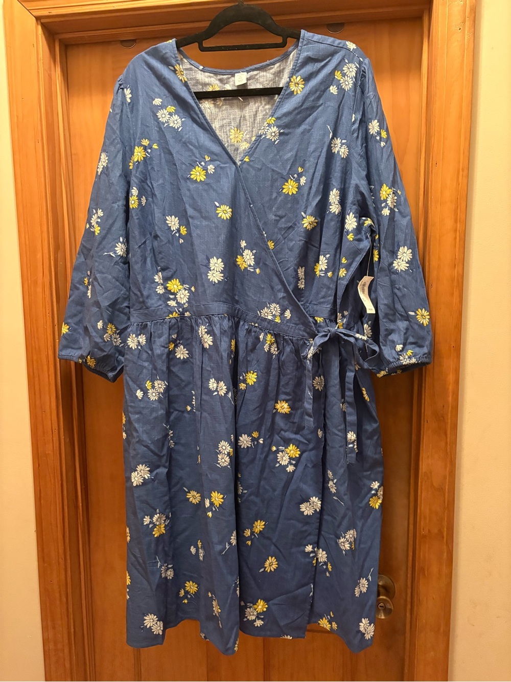 Old Navy Blue Floral Midi Wrap Dress with Yellow Daisies